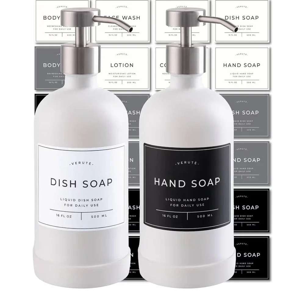 16 Oz Glass Soap Dispenser Set 2 Pack for Kitchen Sink,Contains Hand and Dish...